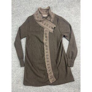 LO. RI. Wool Cardigan Women's Large‎ Brown Tribal Geometric Trim Open Front Knit